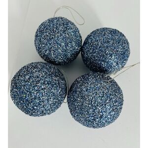 Lot of 4 Blue Jumbo Glitter Mercury Glass Style Shatterproof Ball Ornaments